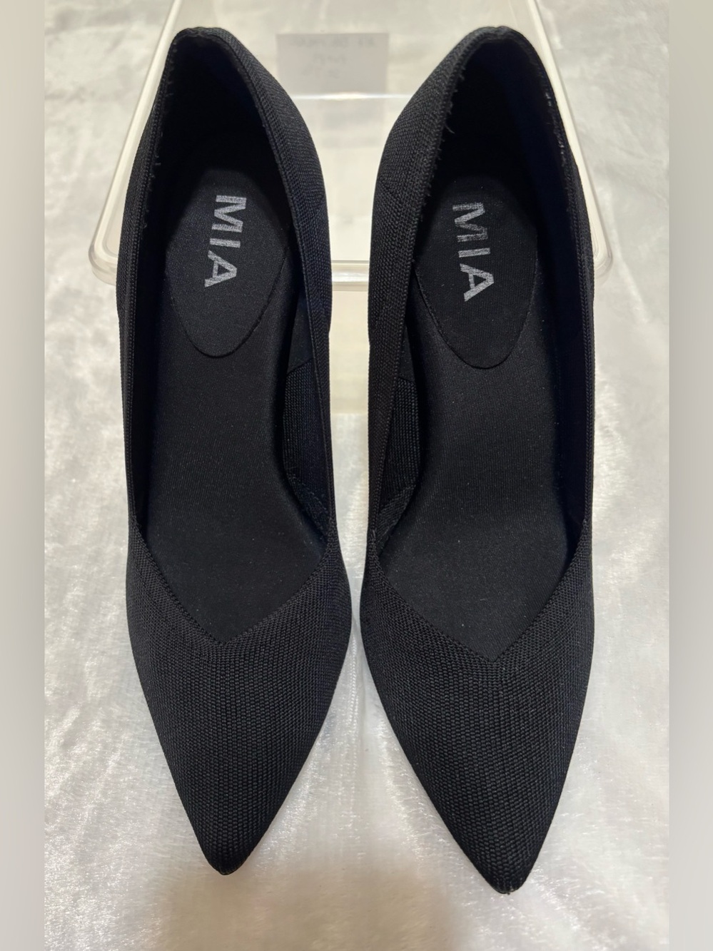 MIA black pointed toe fabric upper 3-3/4” heel pumps